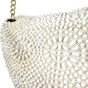 VTG Ivory Beaded Purse Gold Shoulder Chain Evening Retro Elegant Formal 50s 60s